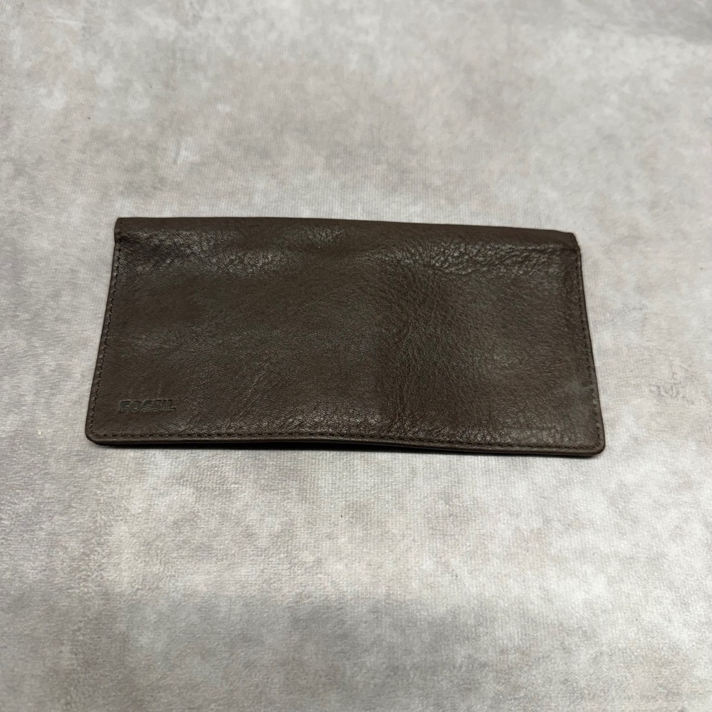 Fossil Checkbook Cover Women OS Brown Leather Slim Bifold Card Holder Wallet